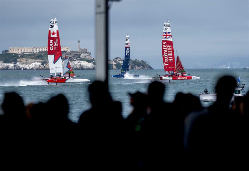 Emirates Great Britain SailGP Team helmed by Giles Scott, USA SailGP Team helmed by Taylor Canfield and Canada SailGP Team helmed by Phil Robertson pass the Adrenaline Lounge on Race Day 1 of the SailGP Season 4 Grand Final in San Francisco - photo © Adam Warner for SailGP