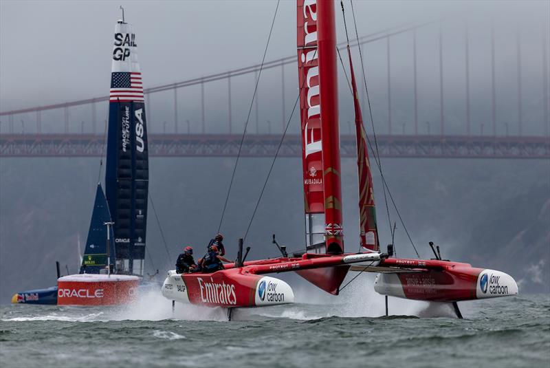 Emirates Great Britain SailGP Team helmed by Giles Scott and USA SailGP Team helmed by Taylor Canfield in action on Race Day 1 of the SailGP Season 4 Grand Final in San Francisco - photo © Jed Jacobsohn for SailGP