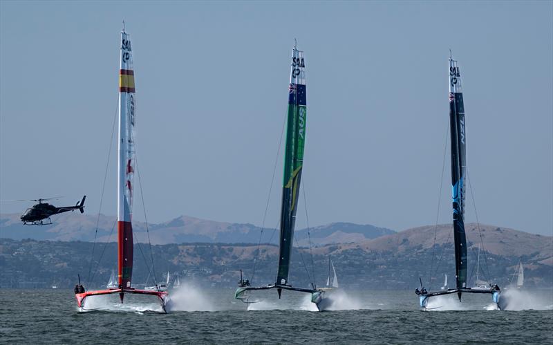 Spain SailGP Team helmed by Diego Botin, Australia SailGP Team helmed by Tom Slingsby and New Zealand SailGP Team helmed by Peter Burling in action on Race Day 2 of the SailGP Season 4 Grand Final in San Francisco - photo © Samo Vidic for SailGP