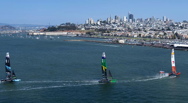 Spain SailGP Team cross the finish line in front of the Race Stadium and San Francisco Skyline leading Australia SailGP Team and New Zealand SailGP Team to win the SailGP Season 4 Grand Final in San Francisco - photo © Jed Jacobsohn for SailGP