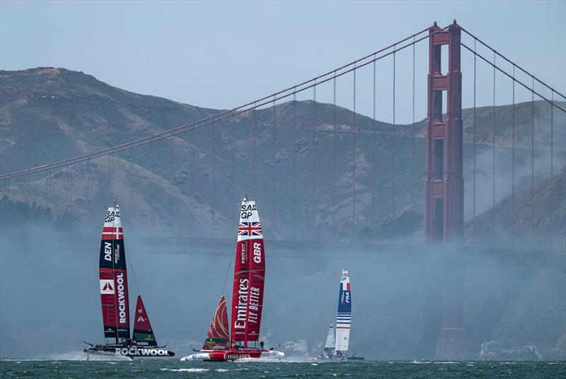 ROCKWOOL Denmark SailGP Team F50 catamaran, Emirates Great Britain SailGP Team F50 catamaran and France SailGP Team F50 catamaran sail past the Golden Gate Bridge ahead of the SailGP Season 4 Grand Final in San Francisco, USA - photo © Ricardo Pinto for SailGP