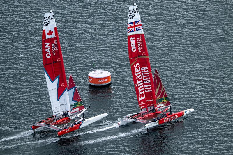 Emirates Great Britain SailGP Team helmed by Giles Scott ahead of Canada SailGP Team helmed by Phil Robertson on Race Day 1 of the ROCKWOOL Canada Sail Grand Prix in Halifax, Canada - photo © Ricardo Pinto for SailGP