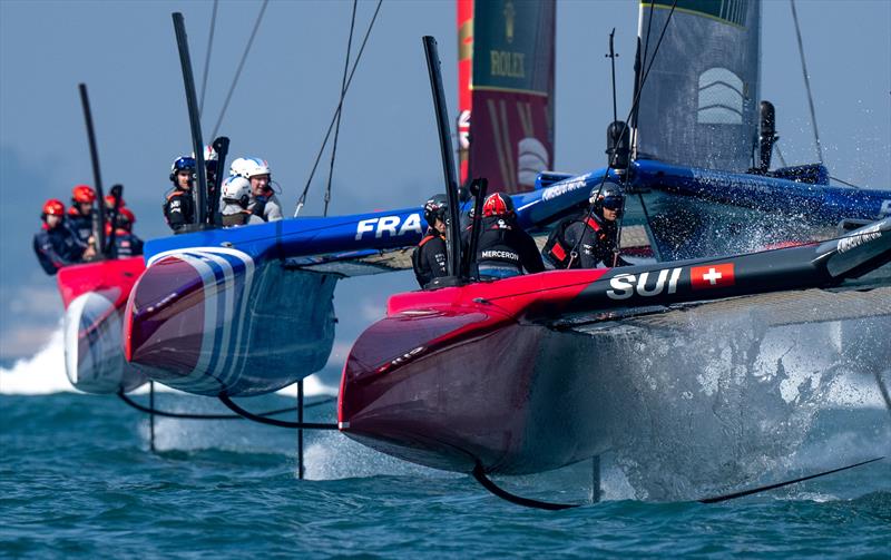 Switzerland ahead of France and Emirates Great Britain during a practice session ahead of the Spain Sail Grand Prix in Cadiz, Spain. Oct 13, 2023. 13th October 2023. Photo: Bob Martin for SailGP. Handout image supplied by SailGP photo copyright Bob Martin for SailGP taken at Société Nautique de Saint-Tropez and featuring the F50 class