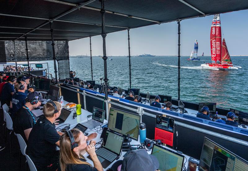 Emirates Great Britain SailGP Team helmed by Ben Ainslie sail past the Team Coach Boxes and Race Management Platform on Race Day 1 of the Emirates Sail Grand Prix  - photo © Adam Warner for SailGP