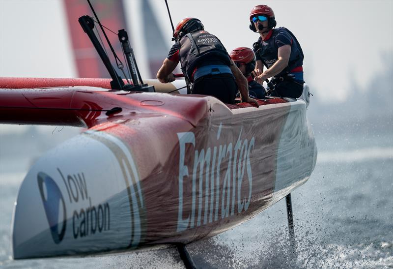 Dylan Fletcher, driver of Emirates Great Britain SailGP Team, in action during practice racing ahead of the Emirates Dubai Sail Grand Prix presented by P&O Marinas in Dubai, UAE - photo © Jon Buckle for SailGP