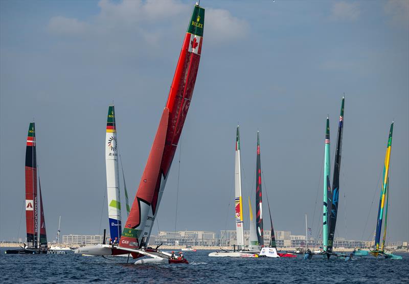 Canada NorthStar SailGP Team helmed by Giles Scott in action in front of the fleet during racing on Race Day 1 of the Emirates Dubai Sail Grand Prix presented by P&O Marinas in Dubai, UAE photo copyright Felix Diemer for SailGP taken at  and featuring the F50 class