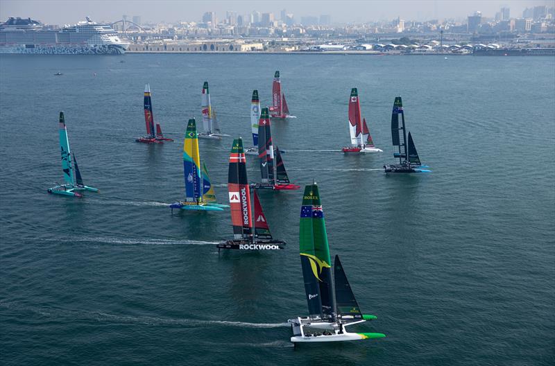 Australia SailGP Team helmed by Tom Slingsby, ROCKWOOL Denmark SailGP Team helmed by Nicolai Sehested and Mubadala Brazil SailGP Team helmed by Martine Grael with the SailGP F50 catamaran fleet during practice ahead of the Emirates Dubai Sail Grand Prix photo copyright Simon Bruty for SailGP taken at  and featuring the F50 class