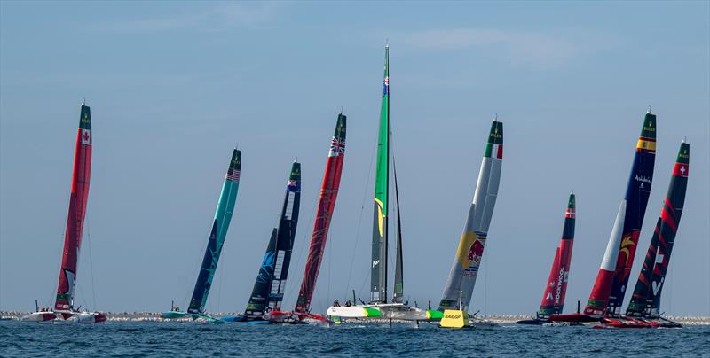 The SailGP fleet action on Race Day 1 of the Emirates Dubai Sail Grand Prix presented by P&O Marinas in Dubai, UAE photo copyright Ricardo Pinto for SailGP taken at  and featuring the F50 class