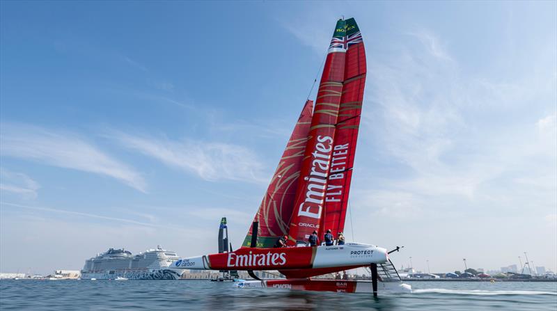 Emirates Great Britain SailGP Team helmed by Dylan Fletcher in action on Race Day 1 of the Emirates Dubai Sail Grand Prix presented by P&O Marinas in Dubai, UAE - photo © Ricardo Pinto for SailGP