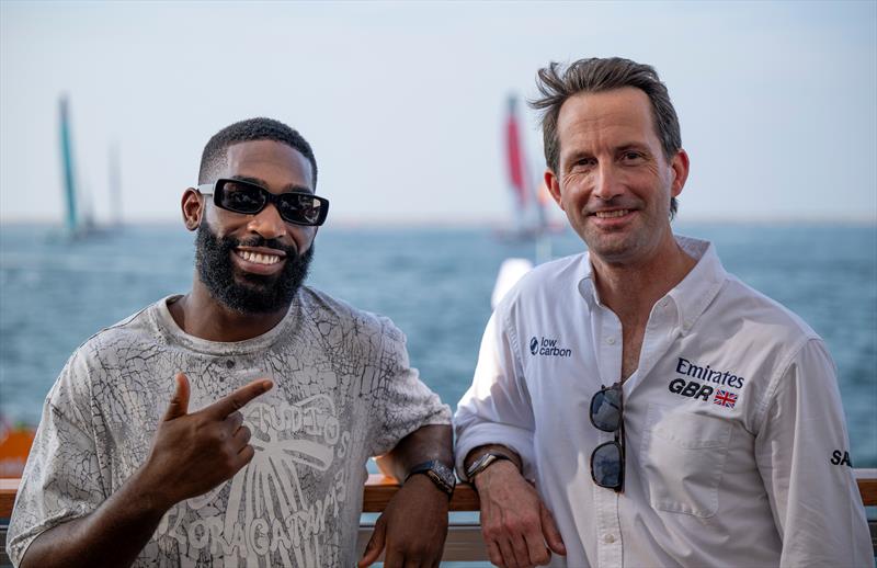 Tinie Tempah and Ben Ainslie talk inside the Adrenaline Lounge as the SailGP fleet are in action on Race Day 1 of the Emirates Dubai Sail Grand Prix presented by P&O Marinas in Dubai, UAE - photo © Jason Ludlow for SailGP