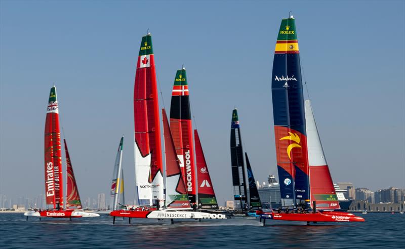 The SailGP in action as they leave the start line on Race Day 2 of the Emirates Dubai Sail Grand Prix presented by P&O Marinas in Dubai, UAE photo copyright Felix Diemer for SailGP taken at  and featuring the F50 class