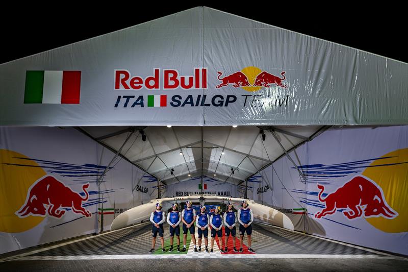 The Italy SailGP Team of Ruggero Tita, driver, Kyle Langford, wing trimmer, Andrea Tesei, flight controller, Enrico Voltolini, grinder, Alex Sinclair, grinder, Giulia Fava, strategist, and Matteo Celon, grinder of Italy SailGP Team, stand for a team photo - photo © Ricardo Pinto/SailGP