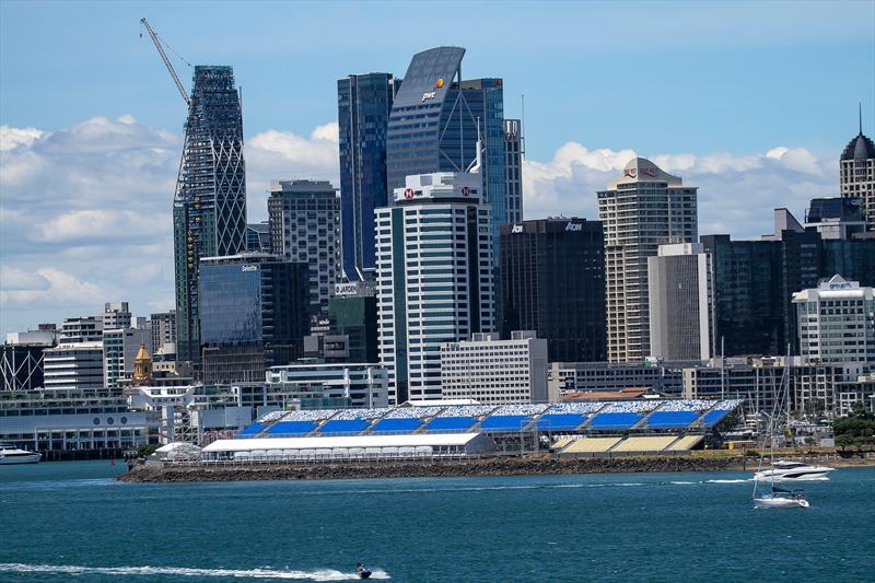 Grandstands and Adrenaline Lounge set up on the edge of the SailGP race course in Auckland photo copyright Richard Gladwell - Sail-World.com/nz taken at Royal New Zealand Yacht Squadron and featuring the F50 class