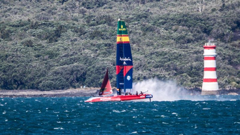 Spain SailGP Team (Diego Botin) digs in off Rangitoto Light - Day 1 - Systems testing - Auckland SailGP - January 13,  2024 photo copyright Richard Gladwell/Sail-World.com/nz taken at Royal New Zealand Yacht Squadron and featuring the F50 class