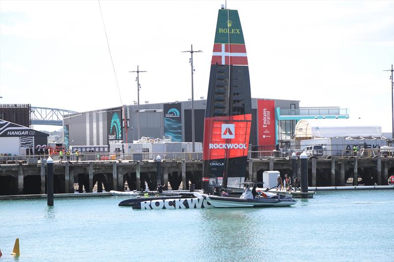 The Danish SailGP team is sideslipped to the haulout crane in Jellicoe Harbour - Day 1 - Systems testing - Auckland SailGP - January 13,  2024 photo copyright Richard Gladwell/Sail-World.com/nz taken at Royal New Zealand Yacht Squadron and featuring the F50 class