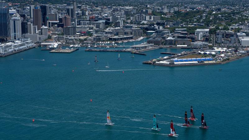 General view of the SailGP F50 catamaran fleet in front of the SailGP Race Stadium and city skyline ahead of The Rolex SailGP Championship ITM New Zealand Sail Grand Prix in Auckland, New Zealand - photo © Bob Martin for SailGP