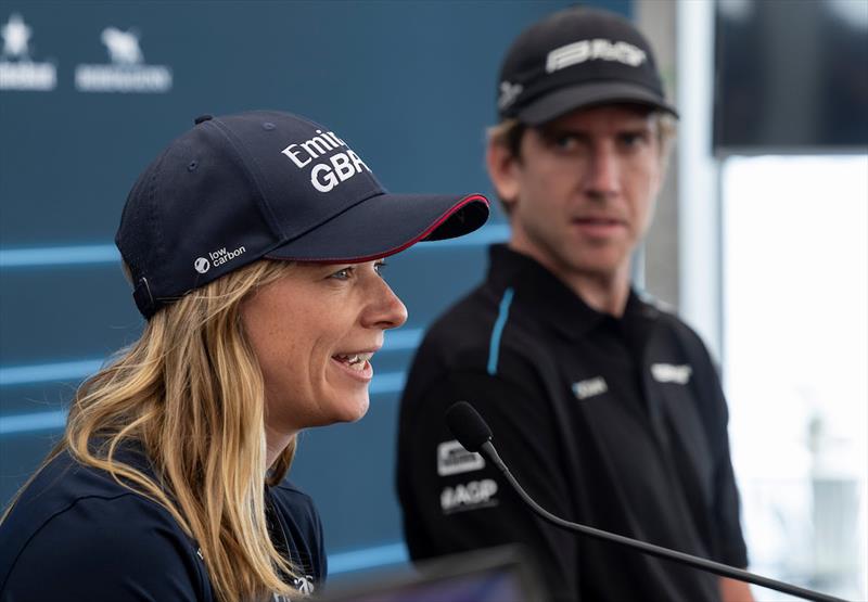 Hannah Mills, strategist of Emirates Great Britain SailGP Team, speaks at the pre-event press conference - Race Day 1 of ITM New Zealand Sail Grand Prix in Auckland - photo © Brett Phibbs for SailGP