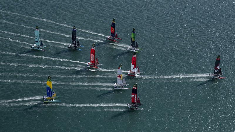 The fleet led by Switzerland SailGP Team helmed by Sebastien Schneiter - photo © Jason Ludlow for SailGP