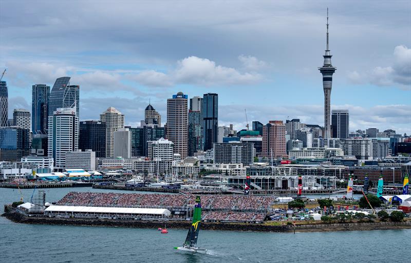 Australia SailGP Team helmed by Tom Slingsby head towards the finish marker win the final race on Race Day 2 of The Rolex SailGP Championship ITM New Zealand Grand Prix in Auckland - photo © Bob Martin for SailGP