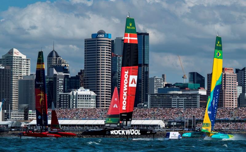 ROCKWOOL Denmark SailGP Team helmed by Nicolai Sehested, Mubadala Brazil SailGP Team helmed by Martine Grael, Spain SailGP Team helmed by Diego Botin in action on Race Day 1 of The Rolex SailGP Championship ITM New Zealand Sail Grand Prix in Auckland, New - photo © Ricardo Pinto for SailGP