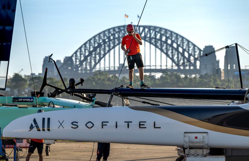 France SailGP Team F50 catamaran is rigged in front of the Sydney Harbour Bridge ahead of the KPMG Australia Sail Grand Prix in Sydney, Australia. Friday 7 February - photo © Ricardo Pinto / America's Cup