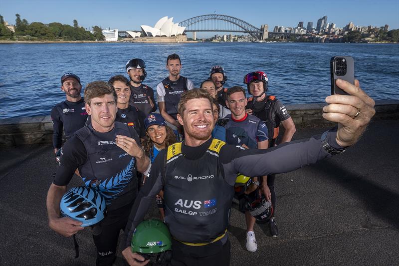 Tom Slingsbytakes a selfie with Giles ScottErik Heil, Taylor Canfield, Diego Botin, Maelle Frascari, Peter Burling, Martine Grael, Dylan Fletcher, Manon Audinet, Sebastien Schneiter, and Nicolai Sehested - photo © Bob Martin for SailGP