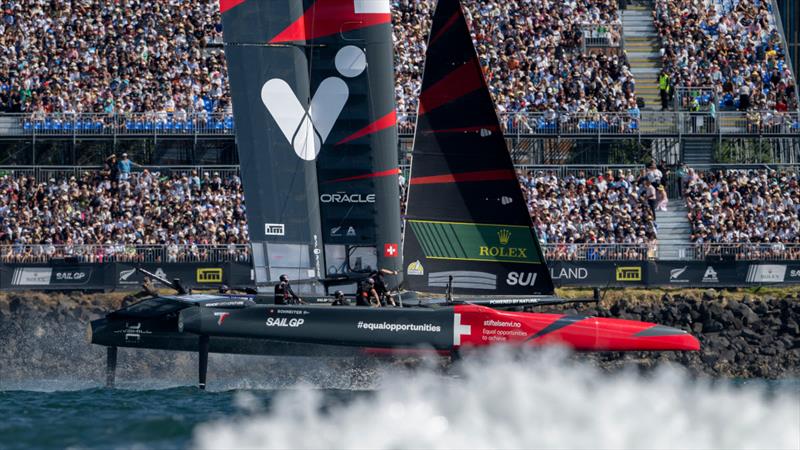 Switzerland SailGP Team helmed by Sebastien Schneiter in action near to the grandstand on Race Day 1 of The Rolex SailGP Championship ITM New Zealand Sail Grand Prix in Auckland, New Zealand - photo © Ricardo Pinto for SailGP