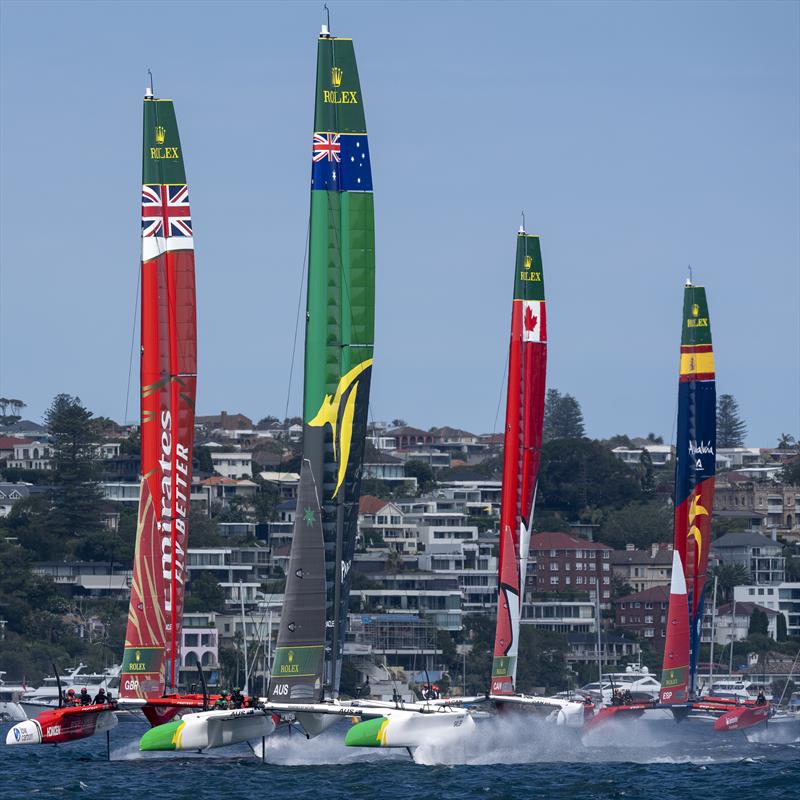 Australia SailGP Team leads Emirates Great Britain SailGP Team, Canada NorthStar SailGP Team and Spain SailGP Team on Race Day 1 of the KPMG Australia Sail Grand Prix - photo © Bob Martin for SailGP