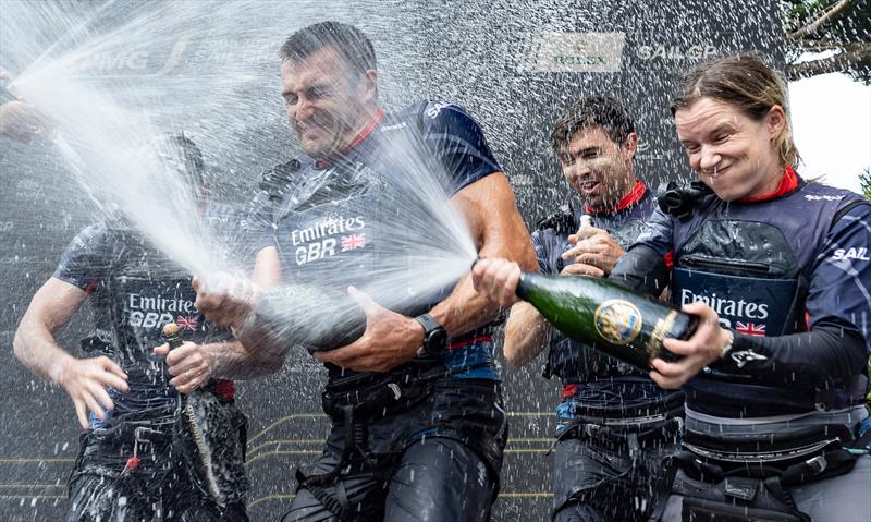 Neil Hunter (Grinder) and Hannah Mills (Strategist) celebrate Emirates GBR  win the Final - Race Day 2 -  KPMG Australia Sail Grand Prix - Sydney, Australia - February 9, 2025 photo copyright Patrick Hamilton/SailGP taken at Royal Sydney Yacht Squadron and featuring the F50 class