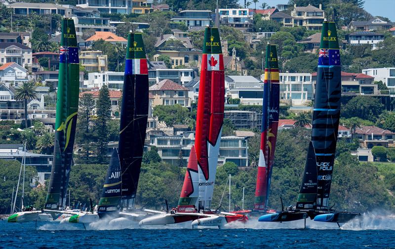 Black Foils in a good position - Practice start - Practice Day -  KPMG Australia Sail Grand Prix - Sydney, Australia - February 7, 2025 photo copyright Bob Martin/SailGP taken at Royal Sydney Yacht Squadron and featuring the F50 class