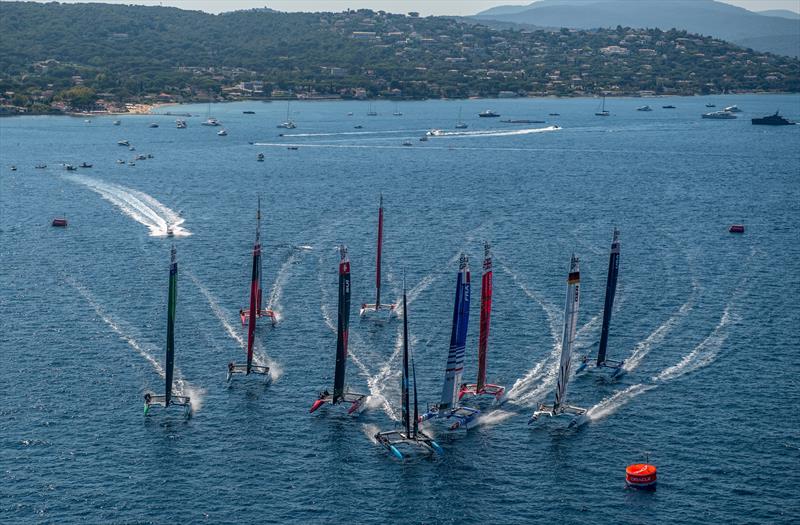 An aerial view of the SailGP fleet in action on Race Day 1 of the France Sail Grand Prix in Saint-Tropez, France. 9th September 2023 - photo © Ricardo Pinto for SailGP