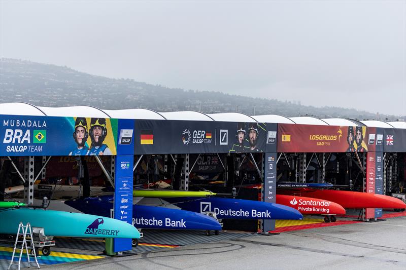 View of the Mubadala Brazil SailGP Team, Germany SailGP Team presented by Deutsche Bank, and Spain SailGP Team hangars at the technical area ahead of the Rolex Los Angeles Sail Grand Prix held in the Port of Los Angeles, California, USA photo copyright Simon Bruty for SailGP taken at  and featuring the F50 class