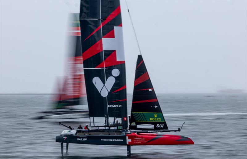 Switzerland SailGP Team helmed by Sebastien Schneiter in action during practice racing ahead of the Rolex Los Angeles Sail Grand Prix held in the Port of Los Angeles, California, USA photo copyright Jed Jacobsohn for SailGP taken at  and featuring the F50 class