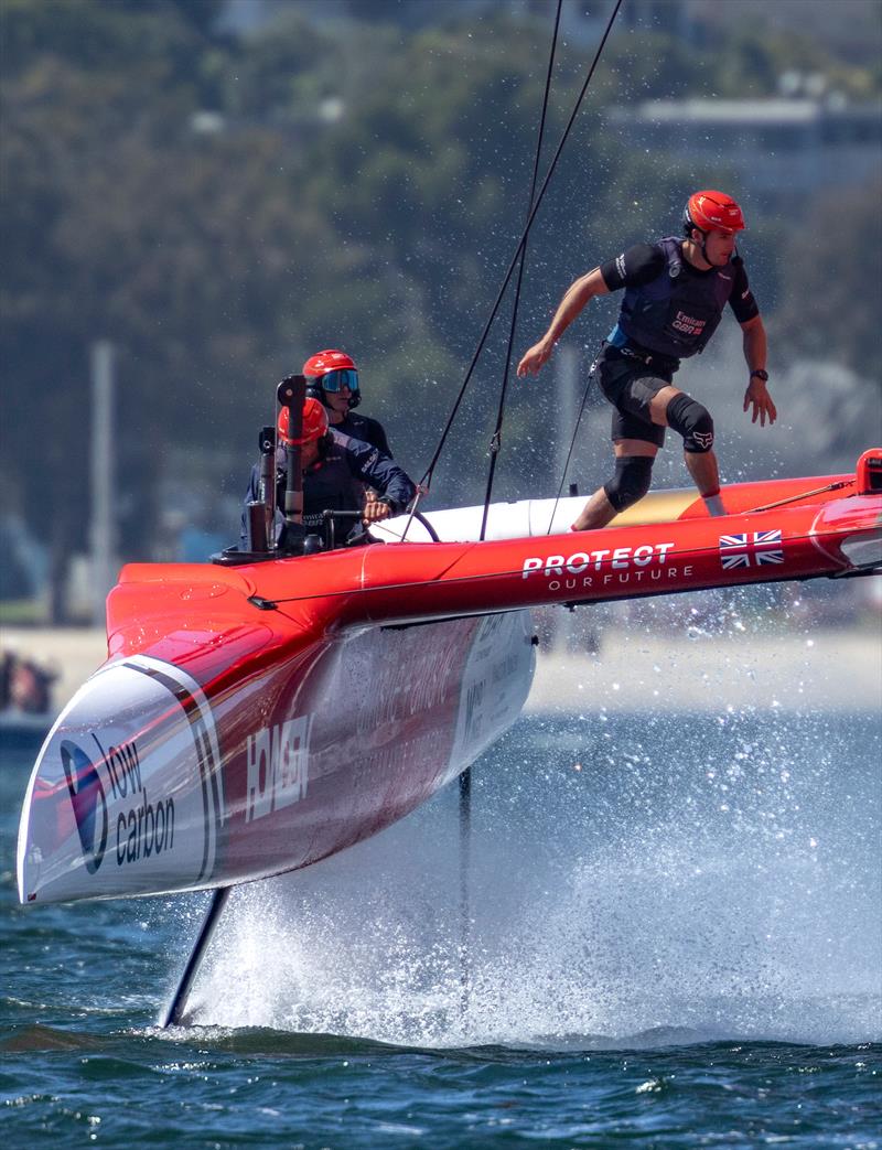 Emirates Great Britain SailGP Team helmed by Dylan Fletcher in action as Neil Hunter, grinder of Emirates Great Britain SailGP Team, crosses the boat on Race Day 1 of the Rolex Los Angeles Sail Grand Prix photo copyright Felix Diemer for SailGP taken at  and featuring the F50 class