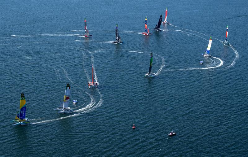 The SailGP fleet led by Mubadala Brazil SailGP Team helmed by Martine Grael ahead of Red Bull Italy SailGP Team, Emirates Great Britain SailGP Team and Australia SailGP Team on Race Day 1 of the Rolex Los Angeles Sail Grand Prix photo copyright Ricardo Pinto for SailGP taken at  and featuring the F50 class