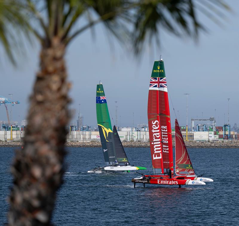 Emirates Great Britain SailGP Team helmed by Dylan Fletcher and Australia SailGP Team helmed by Tom Slingsby on Race Day 2 of the Rolex Los Angeles Sail Grand Prix - photo © Jason Ludlow for SailGP