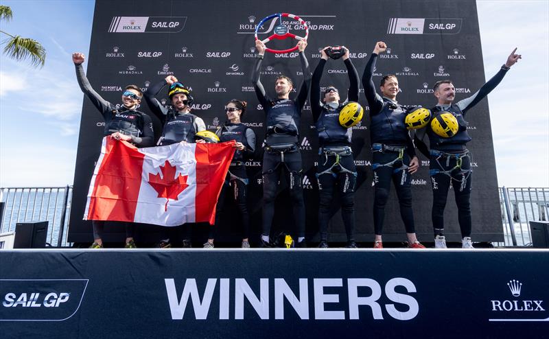 Giles Scott, driver of Canada NorthStar SailGP Team, lifts the winners trophy after Canada NorthStar SailGP Team win the Rolex Los Angeles Sail Grand Prix - photo © Jed Jacobsohn for SailGP