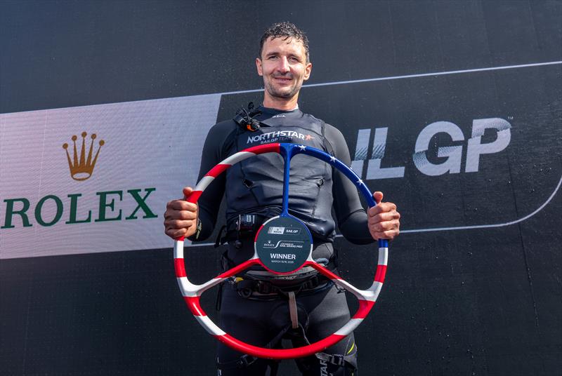 Giles Scott, driver of Canada NorthStar SailGP Team, lifts the winners trophy after Canada NorthStar SailGP Team win the Rolex Los Angeles Sail Grand Prix photo copyright Jed Jacobsohn for SailGP taken at  and featuring the F50 class