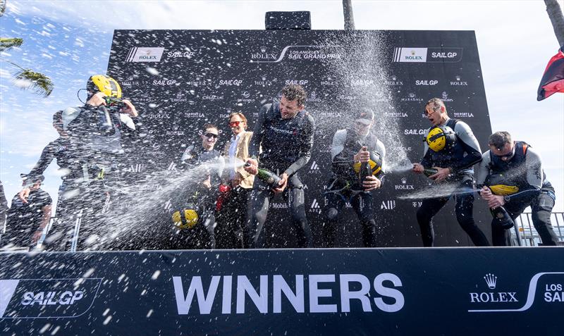 Canada NorthStar SailGP Team celebrate on stage with Barons De Rothschild Champagne after Canada NorthStar SailGP Team win the Rolex Los Angeles Sail Grand Prix - photo © Jed Jacobsohn for SailGP