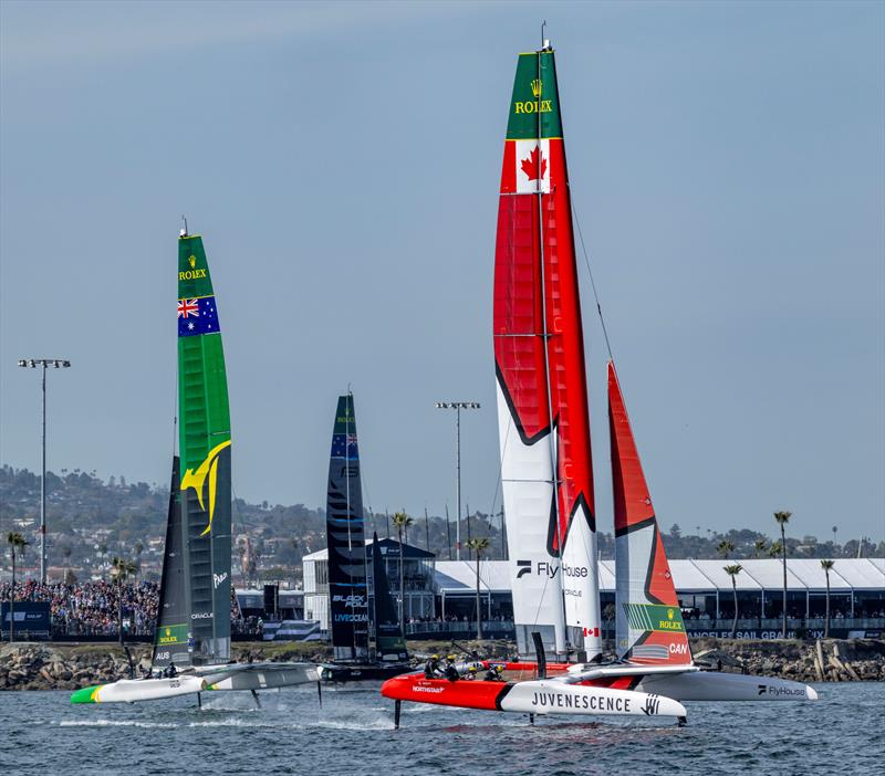 Canada NorthStar SailGP Team helmed by Giles Scott in action with Australia SailGP Team and New Zealand SailGP Team on Race Day 2 of the Rolex Los Angeles Sail Grand Prix photo copyright Felix Diemer for SailGP taken at  and featuring the F50 class