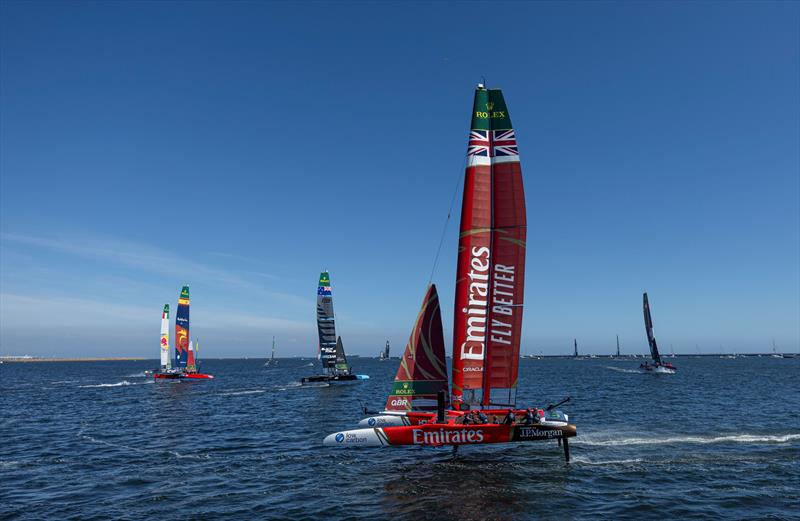 Emirates Great Britain SailGP Team helmed by Dylan Fletcher ahead of New Zealand SailGP Team helmed by Peter Burling and Spain SailGP Team helmed by Diego Botin on Race Day 1 of the Rolex Los Angeles Sail Grand Prix - photo © Jed Jacobsohn for SailGP