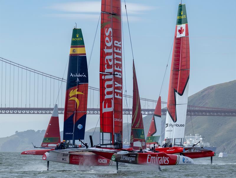 Emirates Great Britain SailGP Team helmed by Dylan Fletcher nd Spain SailGP Team helmed by Diego Botin and Canada NorthStar SailGP Team helmed by Giles Scott pass the Golden Gate Bridge on Race Day 1 of the Oracle San Francisco Sail Grand Prix - photo © Felix Diemer for SailGP