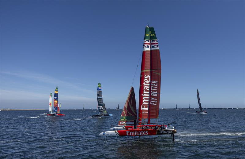 Emirates Great Britain SailGP Team helmed by Dylan Fletcher ahead of New Zealand SailGP Team helmed by Peter Burling and Spain SailGP Team helmed by Diego Botin on Race Day 1 of the Rolex Los Angeles Sail Grand Prix - photo © Jed Jacobsohn for SailGP