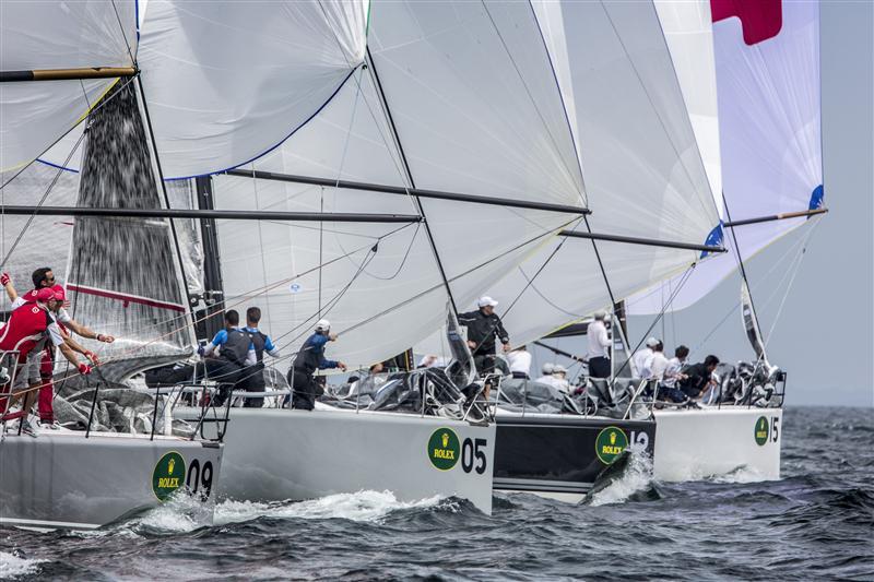 Transfusion (AUS), Plenty (USA), Enfant Terrible (ITA) and Nanoq (DEN) downwind on day 4 of the Rolex Farr 40 World Championship photo copyright Daniel Forster / Rolex taken at New York Yacht Club and featuring the Farr 40 class