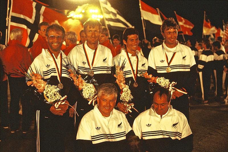 1988 Olympic medalists - Chris Timms, Rex Sellers, Bruce Kendall and John Cutler, with Mike Clark left front and coach Harold Bennett (right front) - photo © Peter Montgomery