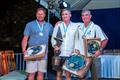 Grand Masters: 2. Michael Maier, CZE; 1. Laurent Hay, FRA; 3. Karl Purdie, NZL at the 2017 Finn World Masters in Barbados prize giving © Robert Deaves