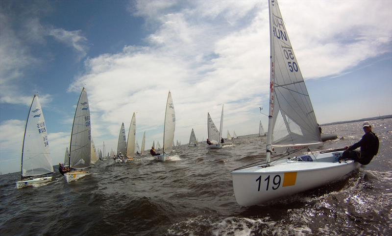 Racing starts on day 2 of the 2014 Finn World Masters in Sopot, Poland photo copyright Robert Deaves taken at Sopot Sailing Club and featuring the Finn class