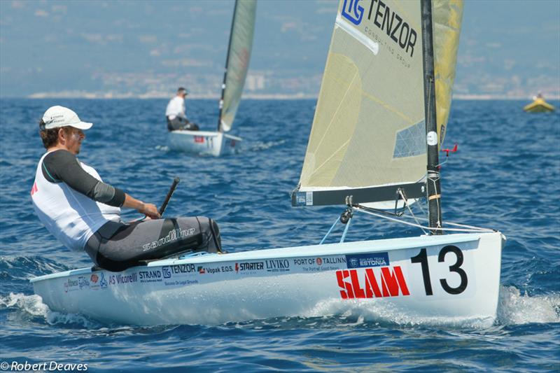 Deniss Karpak on day 1 of the Finn Gold Cup in Gaeta photo copyright Robert Deaves taken at Yacht Club Gaeta and featuring the Finn class