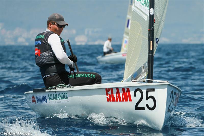 Piotr Kula on day 2 of the Finn Gold Cup in Gaeta photo copyright Robert Deaves taken at Yacht Club Gaeta and featuring the Finn class