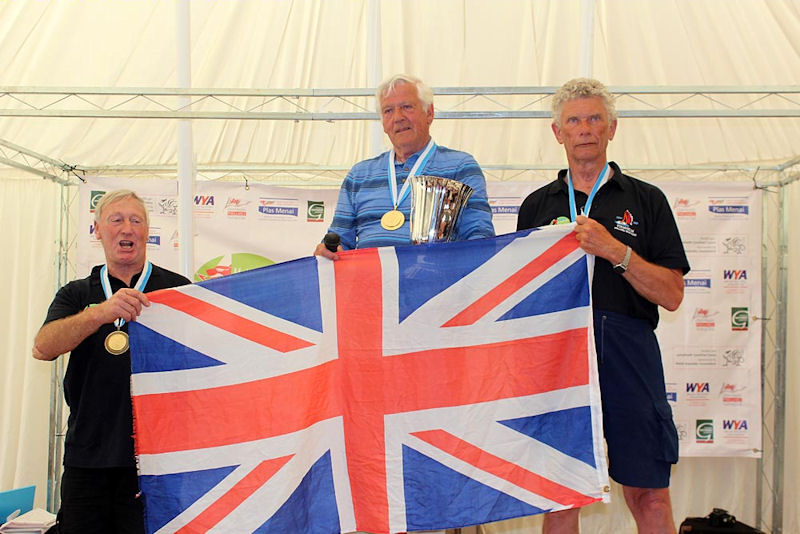 Finn World Masters Legends podium (l to r) Lock, Sellars & Hart photo copyright Robert Deaves, IFA taken at Pwllheli Sailing Club and featuring the Finn class